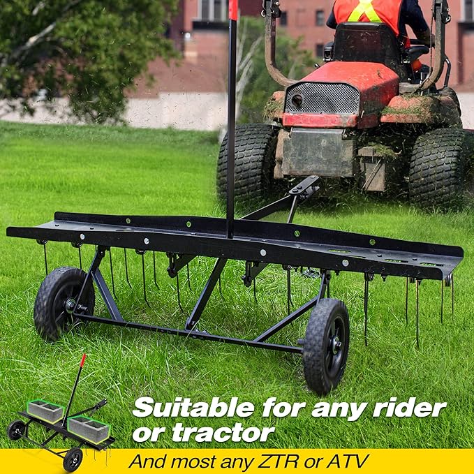 Suchtale 48inch Tow Behind Dethatcher with 24 Spring Steel Tines,Lawn Sweeper Garden Grass Tractor Rake Removes Thatch from Large Lawns, Riding Lawn Mower Attachments for Outdoor Yard Tools Lawn Care
