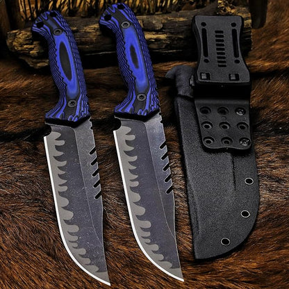 BA-KOR 12.4in Full Tang Fixed Blade Hunting Knife – 6mm 9CR18MoV Steel, G10 Handle, Stonewashed Sawback Blade with Kydex Sheath & Fire Starter for Outdoor, Camping, Survival (Blue and black stripes)