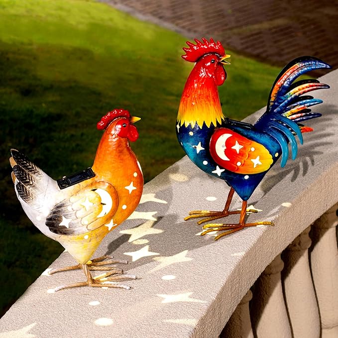 Natelf Solar Rooster Hen Yard Decorations Outdoor Metal Yard Decor Animal Chickens Yard Art for Garden Decor, Lawn Ornament for Porch Backyard Patio Coop Kitchen, Housewarming Gift, Set of 2