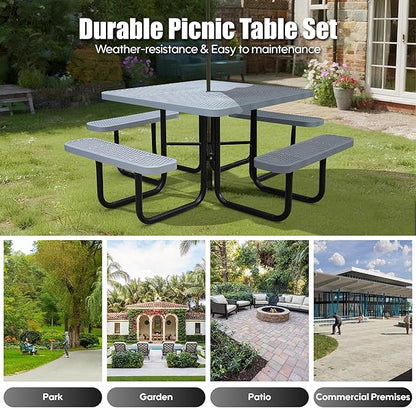 8-Person Outdoor Picnic Tables,46" Heavy-Duty Metal Square Picnic Table,Expanded Metal Commercial-Grade Table with 4 Benches & Umbrella Hole,Waterproof Coating Beach Table for Patio,Garden, Backyard