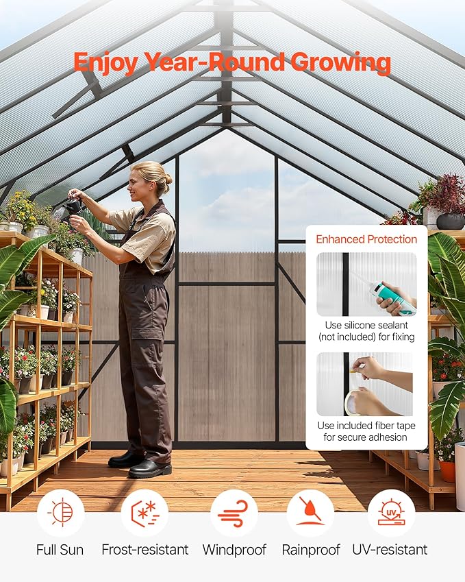 VEVOR 8 x 12 FT Polycarbonate Greenhouse, Heavy Duty Outdoor Green House with Adjustable Vent & Push-Pull Lockable Door, Quick Setup, Aluminum Frame Walk-in Greenhouse Sunroom for Outside Garden Lawn