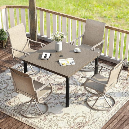 VICLLAX 5 Pieces Patio Dining Set for 4, Outdoor Furniture Set Includes 40.2" Square Outdoor Table and 4 Patio Swivel Chairs for Lawn Garden, Grey Wood Grain Tabletop and Sandshell Fabric