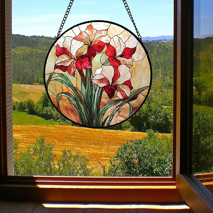 Stained Glass Window Hanging - Red Gladiolus Flower Suncatcher for Door Yard Sun Catchers Decor Christmas Mother's Day Birthday Gifts for Lovers Women Mom Nana Girlfriend Wife 7.8 in