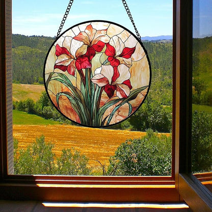 Stained Glass Window Hanging - Red Gladiolus Flower Suncatcher for Door Yard Sun Catchers Decor Christmas Mother's Day Birthday Gifts for Lovers Women Mom Nana Girlfriend Wife 9.8 in