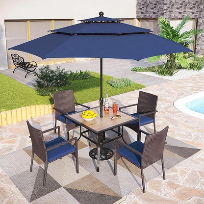 PHI VILLA 5 Piece Outdoor Dining Set with Umbrella for 4, 37" Square Metal Wood-top Dining Table & Wicker Rattan Chairs with Cushions & 10ft Blue Umbrella for Patio, Deck, Backyard, Porch