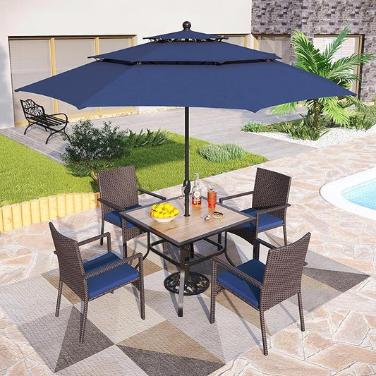 PHI VILLA 5 Piece Outdoor Dining Set with Umbrella for 4, 37" Square Metal Wood-top Dining Table & Wicker Rattan Chairs with Cushions & 10ft Blue Umbrella for Patio, Deck, Backyard, Porch