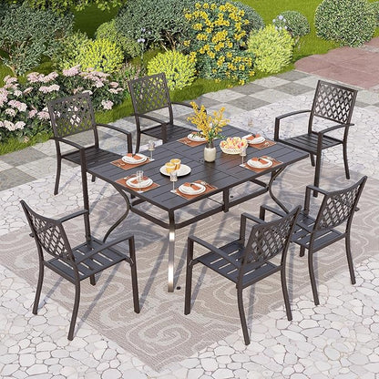 PHI VILLA 7-Piece Metal Patio Outdoor Table and Chairs Outdoor Dining Set - 60" Patio Table with Umbrella Hole and 6 Backyard Garden Chairs, Black