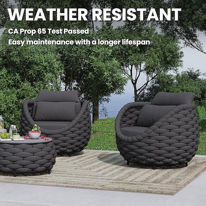 2 PCS Front Porch Accent Chair: Aluminum Woven Rope Armchair Assembled - Cushioned Patio Single Chair w/Arms Modern - All Weather Balcony Furniture for 400lbs Outdoor Yard Deck Hotel, Dark Gray