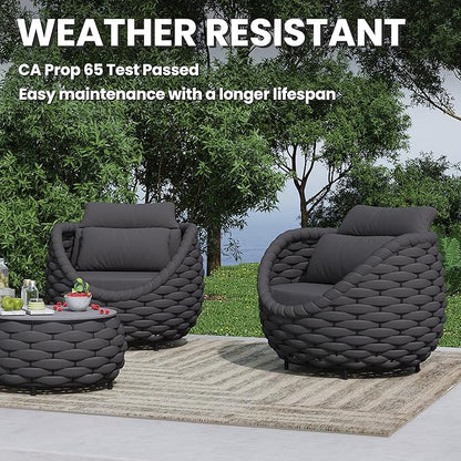 2 PCS Front Porch Accent Chair: Aluminum Woven Rope Armchair Assembled - Cushioned Patio Single Chair w/Arms Modern - All Weather Balcony Furniture for 400lbs Outdoor Yard Deck Hotel, Dark Gray