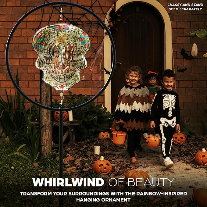 Skylar Day of The Dead Skull 12-inch Wind Spinner, Multi Color Stainless Steel Hanging Ornament Wind Spinners Outdoor Clearance, 3D Visual Effects, Garden Art Décor, Metal Indoor Outdoor Crafts