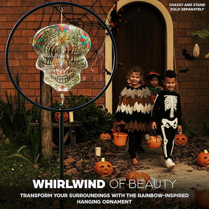 Skylar Day of The Dead Skull 12-inch Wind Spinner, Multi Color Stainless Steel Hanging Ornament Wind Spinners Outdoor Clearance, 3D Visual Effects, Garden Art Décor, Metal Indoor Outdoor Crafts