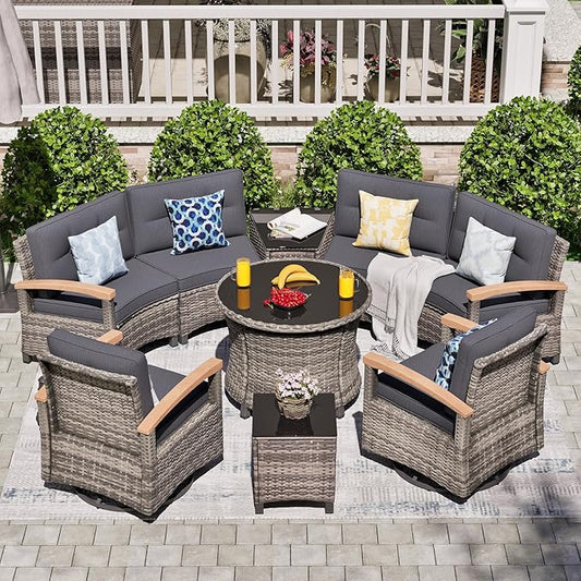 MEISSALIVVE 9 Piece Outdoor Patio Furniture Set, Half-Moon Curved Sectional Sofa Rattan Conversation Set with 2 Wood Armrests Swivel Rocker Chairs, Round Coffee Table & Side Table（Grey）