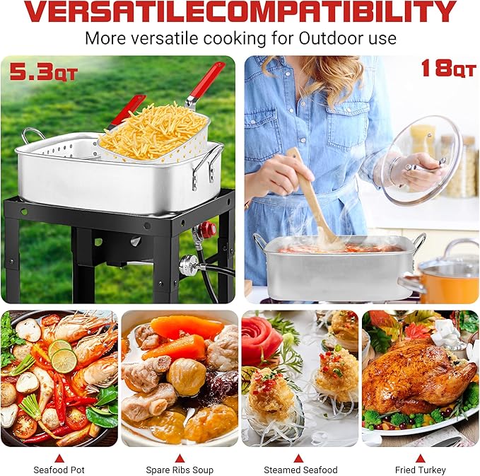 OT1808 Propane Deep Fryer with 18Qt Square Deep Fryer Pot – High Grade Strainer Basket Aluminum Pot for Fish Fry, Seafood Pot – Propane Burners for Outdoor Cooking Include Thermometer