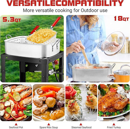 OT1808 Propane Deep Fryer with 18Qt Square Deep Fryer Pot – High Grade Strainer Basket Aluminum Pot for Fish Fry, Seafood Pot – Propane Burners for Outdoor Cooking Include Thermometer