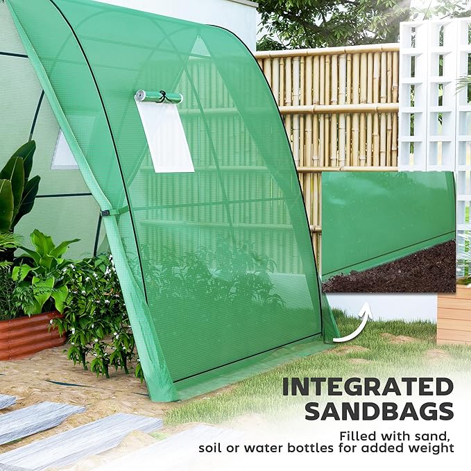 Outsunny 6' x 6' x 6.6' Hoop House Greenhouse with Sandbags and Hemmed PE Cover, Walk-in Tunnel Green House with 2 Doors and Screen Windows, Portable Greenhouse Gardening Plant Hot House, Green