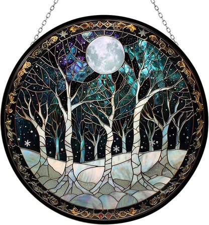 Snow Stained Glass Window Hanging Christmas Tree Winter Snow Night Scenery 6.3" - Suncatcher Door Garden Kitchen Sun Catcher Home Decor Birthday for Mom Men Woman Friend Family