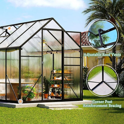 Amerlife 6x10x6.3 FT Outdoor Polycarbonate Greenhouse, Walk-in Aluminum Frame Structure with Dual Windows & Swing Door, Heavy-Duty Garden Building in Black