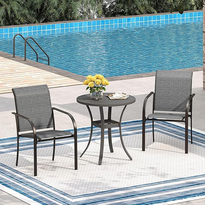 VICLLAX Outdoor Patio Round Dining Table, 28"x 28" Metal Slatted Round Tabletop with Storage Shelf for Deck Lawn Garden Backyard, Dark Grey
