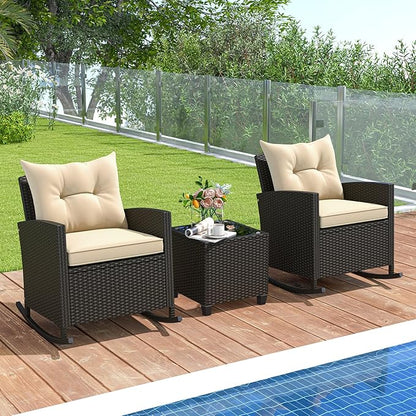 ORALNER 3 Pieces Patio Furniture Set, Outdoor Wicker Rocking Chairs with Soft Cushions, Glass Coffee Table, Rattan Conversation Bistro Set for Front Porch Balcony Garden Deck Poolside (Beige)