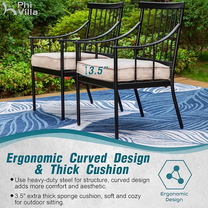 PHI VILLA Outdoor Metal Dining Chairs with Cushion, 300lbs Black Heavy Duty Weatherproof Chairs for Patio, Deck, Yard - Set of 4