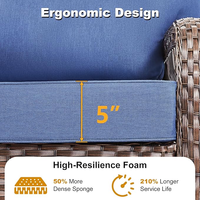 5 Pieces Patio Furniture Set Outdoor Sectional Sofa Couch with Rocking Swivel Chairs 5" Deep Seat Chairs, Modern Wicker Rattan Conversation Set, Blue/Brown Wicker