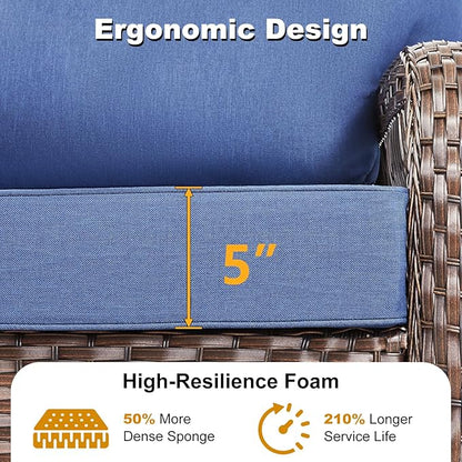 9 Pieces Patio Furniture Set Outdoor Sectional Sofa Couch with Rocking Swivel Chairs 5" Deep Seat Chairs, Modern Wicker Rattan Conversation Set, Blue/Brown Wicker