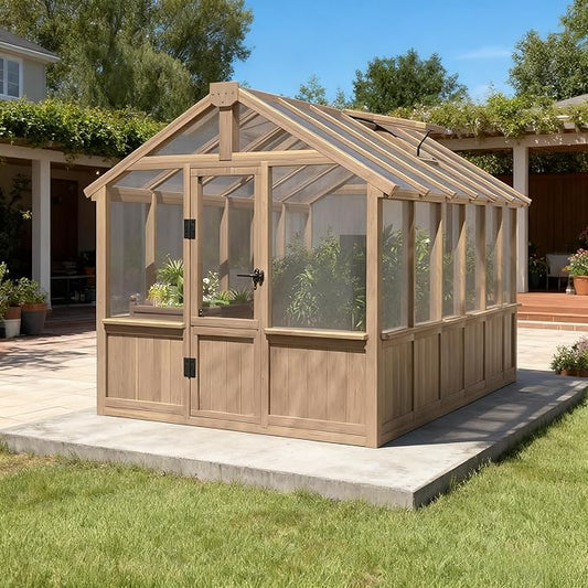 Greenhouse for Outdoor, 6x8ft-8x12ft Wooden WAK-in Greenhouse Kitwith 6MM Thick Polycarbonate Panel, Lockable Door & Adjustable Roof Vent ，Backyard Garden ﻿ (Light Mocha Brown, 8*12FT)