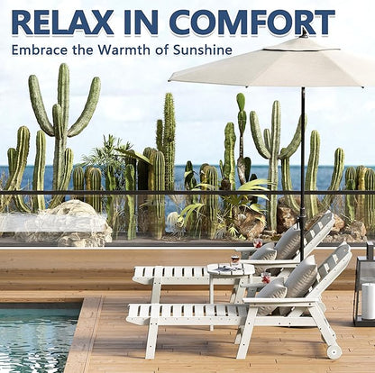 Patio Chaise Lounge Chair Set of 2, HDPE Outdoor Lounge Chairs with 5-Position Adjustable Backrest, Cup Holder and Wheels, 450lbs Capacity for Poolside Deck Backyard, All Weather Material(White)