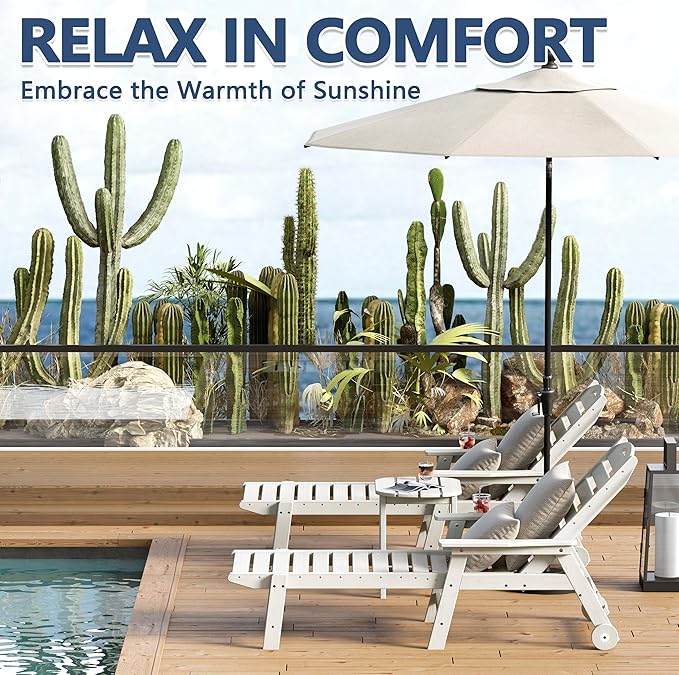 Patio Chaise Lounge Chair Set of 4, HDPE Outdoor Lounge Chairs with 5-Position Adjustable Backrest, Cup Holder and Wheels, 450lbs Capacity for Poolside Deck Backyard, All Weather Material(White)