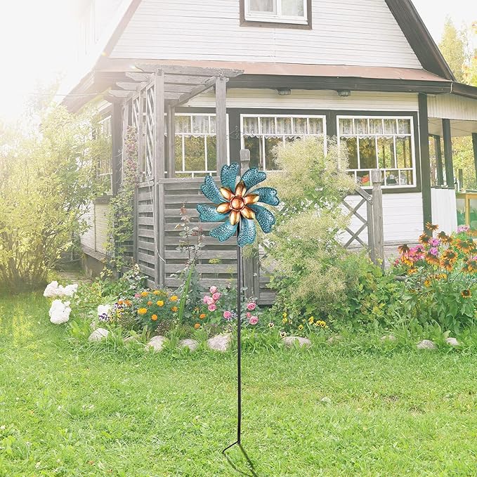 MUMTOP Wind Spinners 45.7 Inch Cyan Kinetic Sculpture Metal Windmill for Patio Lawn Outdoor Yard Garden
