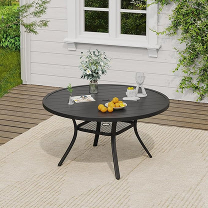 VICLLAX Outdoor Patio Round Dining Table, 47"x 47" Metal Slatted Round Tabletop with Adjustable Umbrella Hole for Deck Lawn Garden Backyard, Black