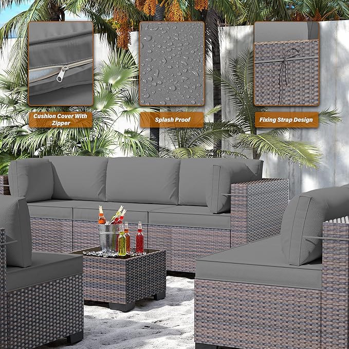 Outdoor Patio Furniture Set, 14 Pieces Outdoor Furniture All Weather Patio Sectional Sofa PE Wicker Modular Conversation Sets with Coffee Table,12 Chairs & Seat Clips(Grey)