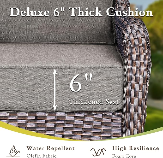 Luxury Outdoor Swivel Rocker Patio Chairs Set of 2, High Back Swivel Patio Chairs with 6-Inch Thick Cushions, Wicker Outdoor Gliders for Porch, Yard, Deck, Poolside, Brown/Grey