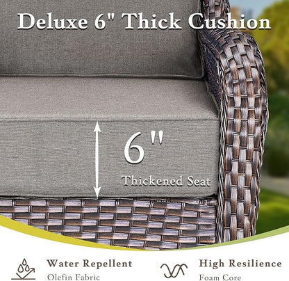 Luxury Outdoor Furniture Set with Swivel Chairs, High Back Swivel Patio Chairs with Ottoman, Side Table & 6-Inch Thick Cushions, Wicker Patio Furniture Set for Porch, Yard, Deck, Poolside, Brown/Grey