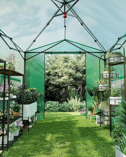 8x12FT Instant Pop-Up Walk-in Greenhouse, Plant Hot House with Galvanized Steel Frame, Green PE Cover, Roll-Up Zipper Door, Portable Large Plant Tent with Ground Pegs & Ropes for Stability