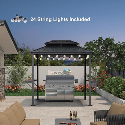 PURPLE LEAF 6' X 8' Hardtop Grill Gazebo for Patio Aluminum Barbeque Gazebo Canopy with 24 Clear Light Bulbs and Shelves Double Tiered Grey Outdoor BBQ