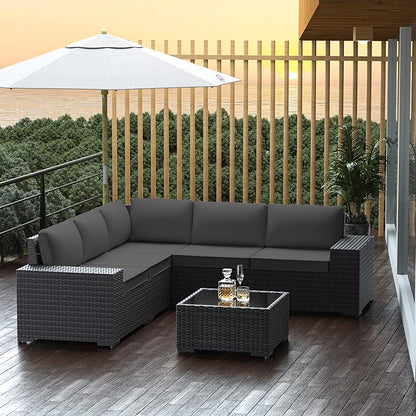 Outdoor Patio Furniture Set, 6 Pieces Outdoor Furniture All Weather Patio Sectional Sofa PE Wicker Modular Conversation Sets with Coffee Table,5 Chairs & Seat Clips (Grey)