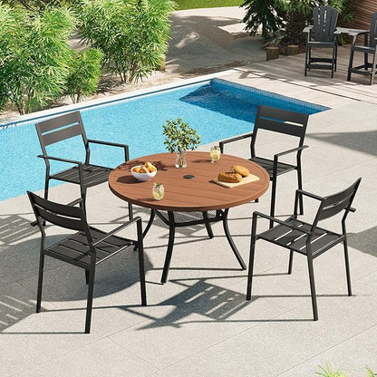 VICLLAX 40.6" Round Metal Outdoor Dining Table for 4, Patio Table with Umbrella Hole and Storage Shelf for Garden, Lawn, Deck, Walnut