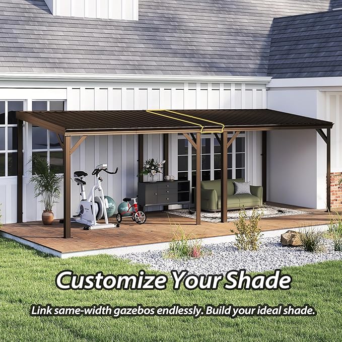 Domi 12'x20' Hardtop Lean to Gazebo with Gutters, Connectable Wall Mounted Gazebo Pergola with Galvanized Steel Roof, 60MPH Wind Resistance, Outdoor Large Metal Canopy, for Patio, Deck, Lawn - Brown