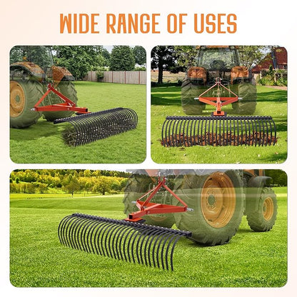 Specraft 3 Point Tow Behind Rake, 60" Adjustable Angle with 32 Steel Tines, Lawn Dethatcher Landscape Rake with Attachments for Field, Yard Cleanup