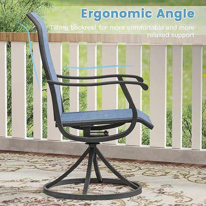 DIFY 5 Pieces Outdoor Patio Dining Set for 4, 40.2" Black Metal Square Dining Table and 4 Blue Textilene Swivel Dining Chairs, Outdoor Table and Chairs