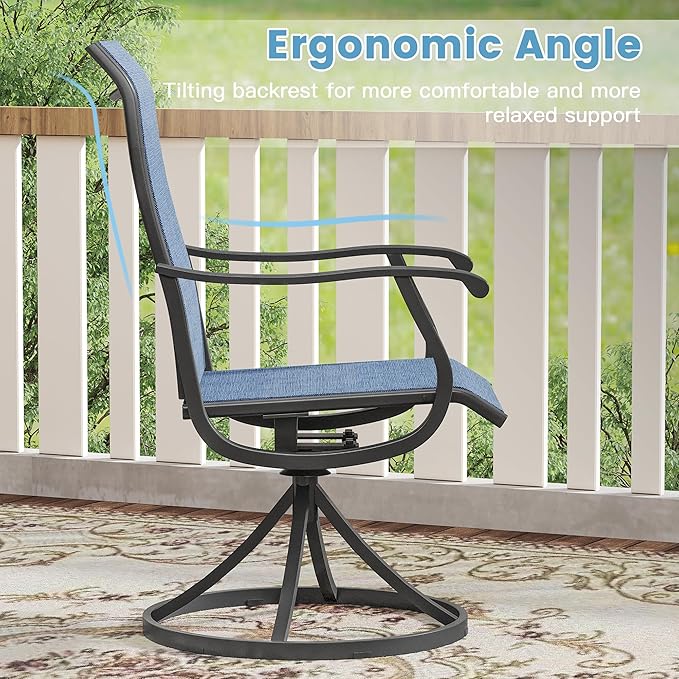 DIFY 7 Pieces Outdoor Patio Dining Set, 6 Blue Textilene Swivel Dining Chairs and 53.1" Black Round Metal Dining Table, Outdoor Table and Chairs