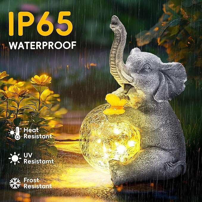 Solar Garden Outdoor Statues for Women, Mom, Grandma. Glass Globe Elephant Figurine Housewarming and Birthday Gifts Elephant Statue Decor for Backyard, Patio, Balcony, Lawn, Pond