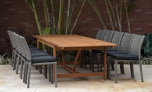 Amazonia Jefferson 11-Piece Patio Extendable Dining Table Set | Teak Finish & Light Grey Wicker Chairs with Cushion | Ideal for Outdoors and Indoors
