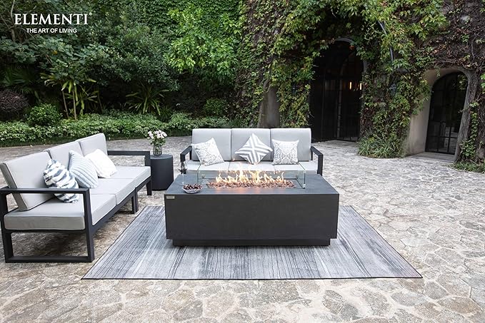 Elementi Andes Propane Gas Fire Pit Table Bundle - Cast Concrete with Concealed Pullout Tank Storage Drawer | Electronic Ignition | Canvas Cover, Lava Rock Included | Dark Gray