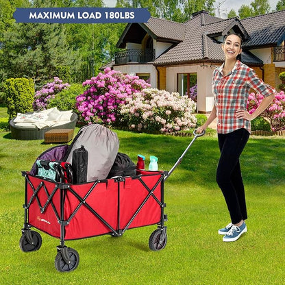 Goplus Collapsible Wagon, Folding Utility Wagon Cart w/Universal Wheels & Adjustable Handle & Cover Bag, Grocery Wagon for Garden Shopping Camping (Red)