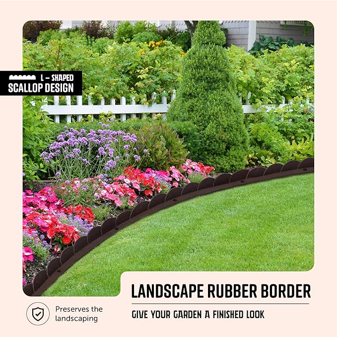 Playsafer L Shaped Flexible Rubber Scalloped Edger for Lawns Landscaping and Playground | Easy No Dig Installation| 4' Long (6, Brown)