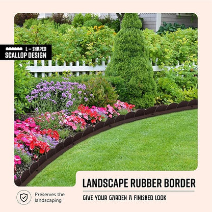 Playsafer L Shaped Flexible Rubber Scalloped Edger for Lawns Landscaping and Playground | Easy No Dig Installation| 4' Long (6, Brown)