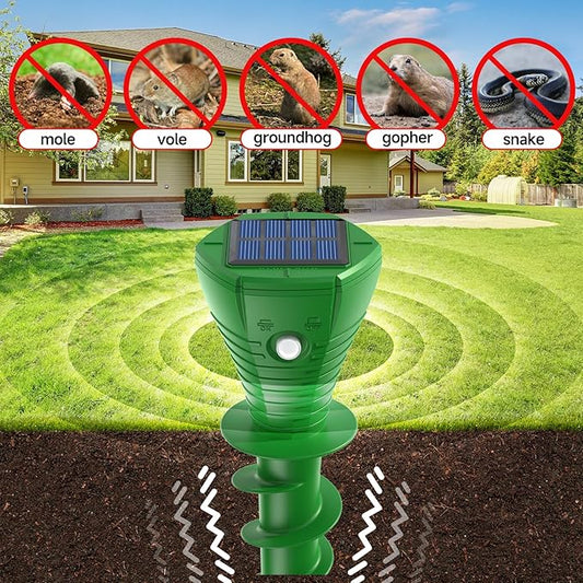 Solar Powered Mole Repellent, 8 Pack Ultrasonic Vole Repeller Outdoor, IP65 Waterproof Snake Deterrent, Gopher Remover Devices, Skunk, Groundhog Trap for Yard, Garden, Lawn