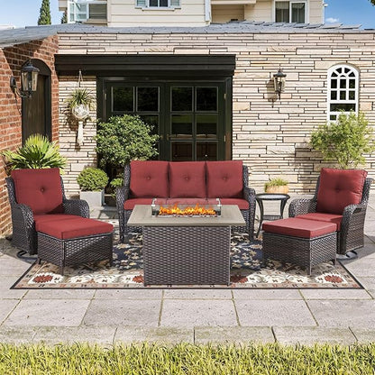 Wicker Outdoor Conversation Se with 50,000 BTU Gas Propane Fire Pit Tablet-7 Pieces Outdoor Wicker High Back Couch Patio Furniture for Deck Poolside Backyard